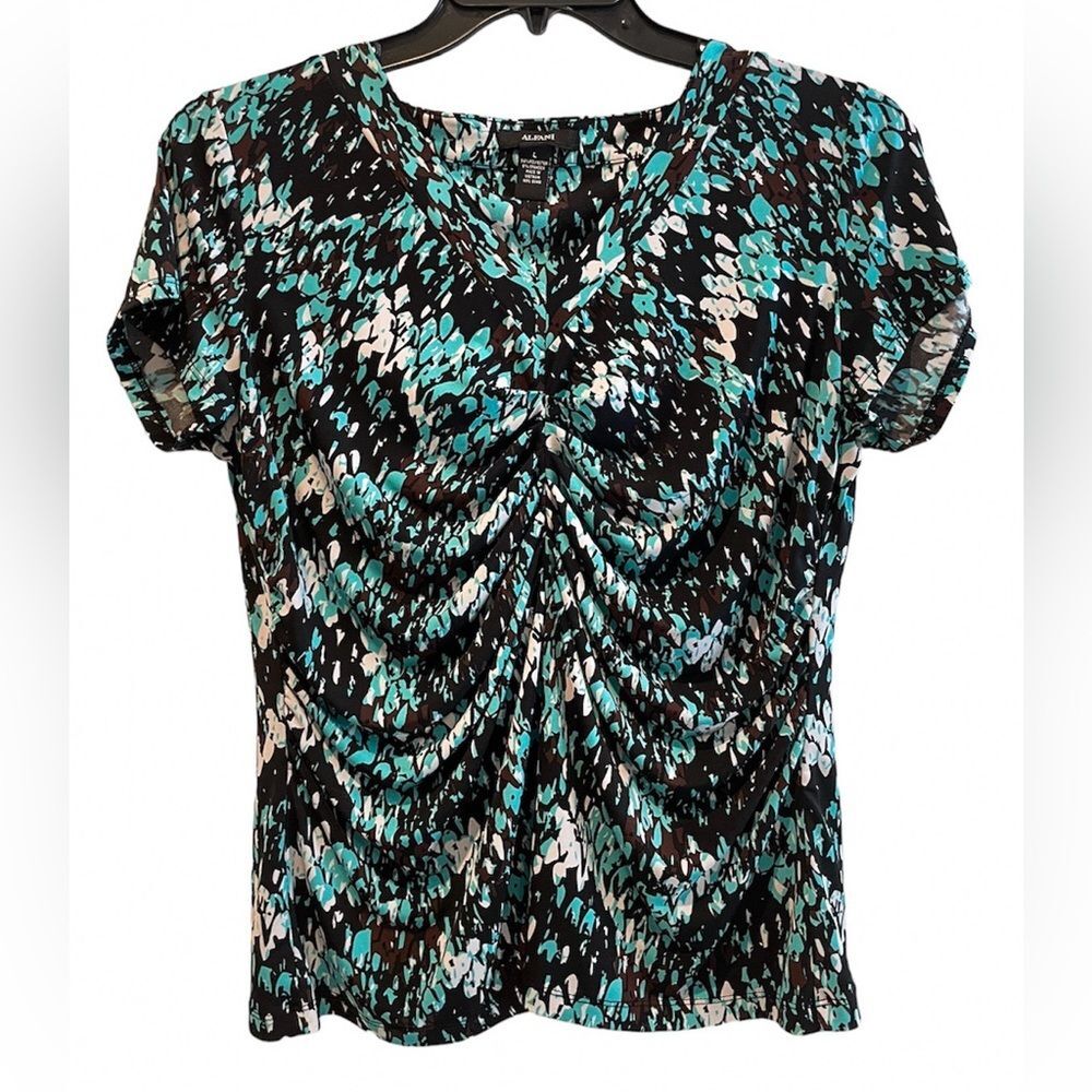 Alfani Pleated Short Sleeve Abstract Blouse Turquoise Black Brown Size Large